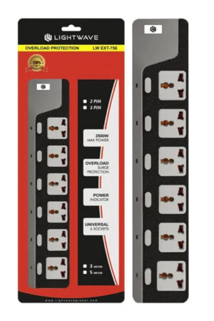Fiche technique claire et complète  Modèle : LW EXT 755‑2P  Type : Multiprise universelle avec protection contre surtension  Nombre de prises : 5 ports secteur compatibles 2 P/3 P  Longueur du câble : 3 m  Capacité nominale : 2500 W (10 A)  Protection électrique : absorption des surtensions, filtrage EMI/RFI  Interrupteur & LED : marche/arrêt avec témoin lumineux  Disjoncteur réarmable : protège contre les surcharges  Sécurité enfants : obturateurs intégrés sur chaque prise  Câble : robuste, adapté à un usage prolongé